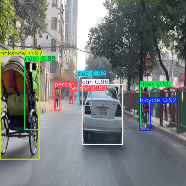 A rickshaw, sedan, bicycle, and a few pedestrians are shown from the perspective of a car dashboard. Each of the aforementioned objects are highlighted with colored boxes, each with a classification label and an indication of confidence in the prediction.